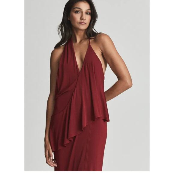 REISS Xena Strappy Open Back Midi Cocktail Dress | Size 6, Dark Red NEW - Picture 3 of 7